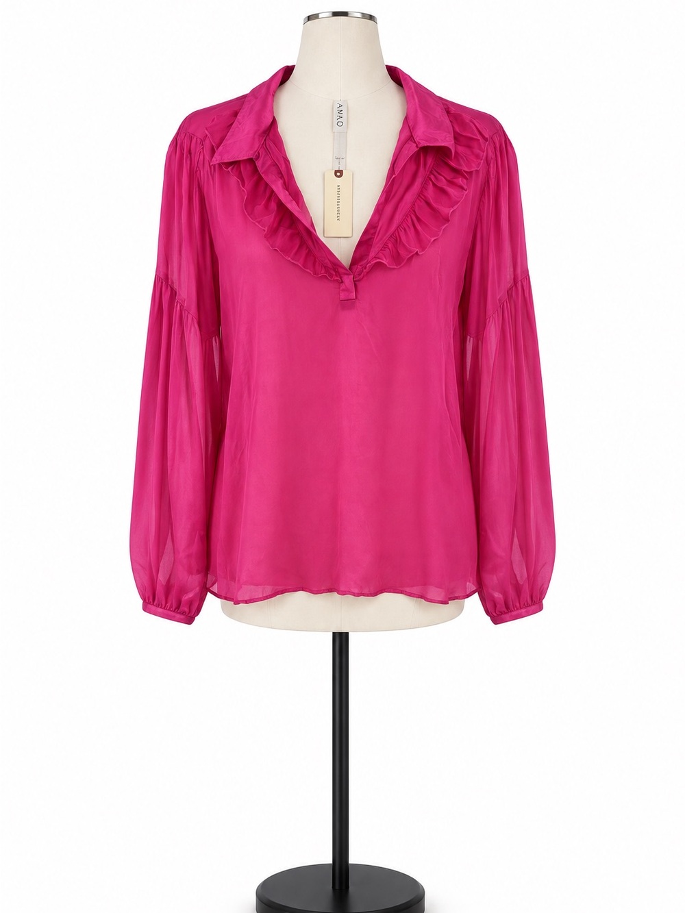 NWT Amadi Anthropologie Fuchsia Pink Ruffle Collar Blouse Top Size L